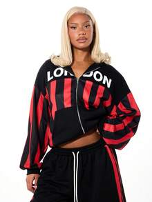 SUMWON WOMEN 宽松版型女式超大号连帽衫，红黑竖条纹，全拉链设计，休闲舒适，适合秋冬街头穿着。 - 彩色 - 查看 1