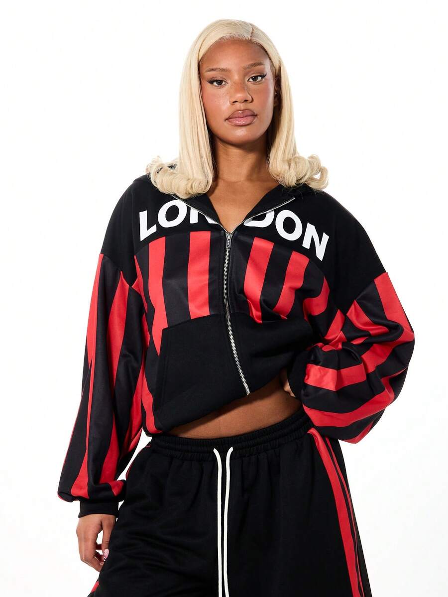 SUMWON WOMEN 宽松版型女式超大号连帽衫，红黑竖条纹，全拉链设计，休闲舒适，适合秋冬街头穿着。 - 彩色 - 查看 1