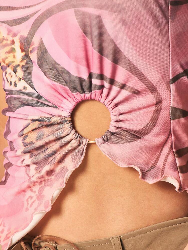 MISSGUIDED Top typu bandeau bez ramiączek z nadrukiem w panterkę i wycięciem z przodu, wiązany na szyi, letni, swobodny top typu tuba