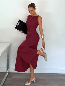 Siren Gaze Vestido elegante de verano para mujer de unicolor, cuello redondo, sin mangas y con botones delanteros - Burdeos - Ver 1