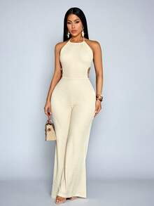 SOLERSUN 女士春夏纯色优雅度假风日常穿搭夏威夷休闲度假镂空腰部流苏露背吊带针织阔腿连体裤 - 杏色 - 查看 5