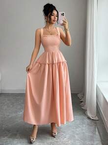 Elenzga 新款露背系带修身优雅性感百搭女式长裙 - 粉色 - 查看 7