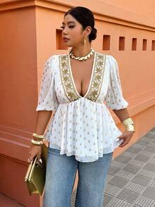 Weeklong Women's Plus-Size Bohemian-Style Deep Print V-Neck A-Line Retro Short-Sleeved Chiffon Top Brown Foil Stamping Spring Summer Gym - White - View 3