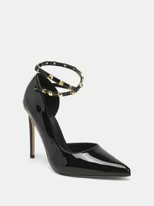 Glitzique Giày cao gót mũi nhọn màu đen 12cm gợi cảm và thời trang có quai thắt lưng và đinh tán trang trí, phong cách cổ tích đa năng dành cho nữ, mùa xuân/thu, dự tiệc - màu đen - Xem 7