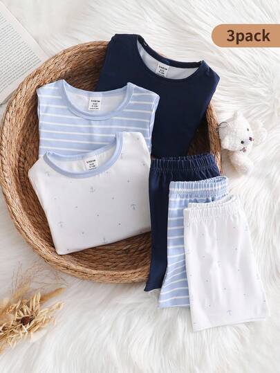 6件套海军风男婴纯色海军蓝条纹锚图案短袖连体衣套装