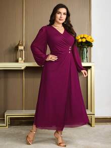 Feyla Plus Size Women's Solid Color V-Neck Maxi Party Dress - Hot Pink - View 5