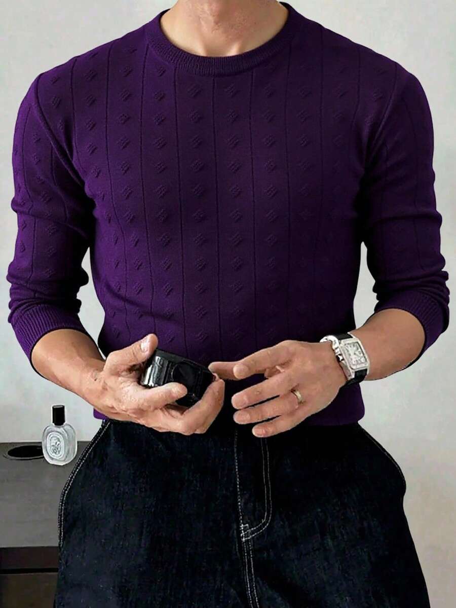 Manfinity Homme Áo len nam cổ tròn tay dài màu trơn thường ngày, thu/đông - Màu tím - Xem 1