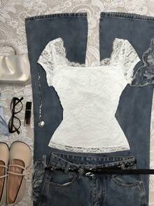 Glimmora 女士优雅纯色蕾丝衬衫，夏季 - 白色 - 查看 2