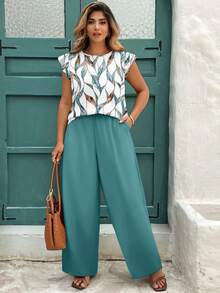 EMERY ROSE Summer Plus Size Two Piece Knitted Set Round Neck Cap Sleeve Blouse With Plants Print And Solid Wide Leg Pants - Multicolor - View 5