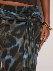 SHEIN BAE 棕色性感豹纹网纱针织流苏低腰半身裙，适合海滩派对、沙滩裙、法国南部度假、早午餐、闺蜜聚会等场合。 - 棕色 - 查看 7