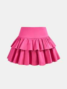 SHEIN Girlism 少女休闲、运动、校园、返校季，玫红色一体式打底裤双荷叶边伞裙，春夏装 - 玫紅色 - 查看 2