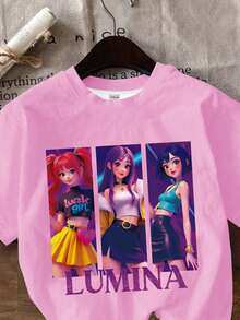 Leuchtend rosa, Cartoon Mädchen Muster, K-Pop Superstars, Tween-Mädchen Lässig Minimalist Kurzarm Rundhals T-Shirt, geeignet für den Sommer - Verschiedenfarbig - Übersicht 3