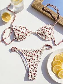 Swim Mod 女士碎花可调节露背吊带三角比基尼上衣和高衩比基尼泳裤套装，时尚、可爱、性感，适合海滩、游艇派对、度假胜地。 - 彩色 - 查看 3