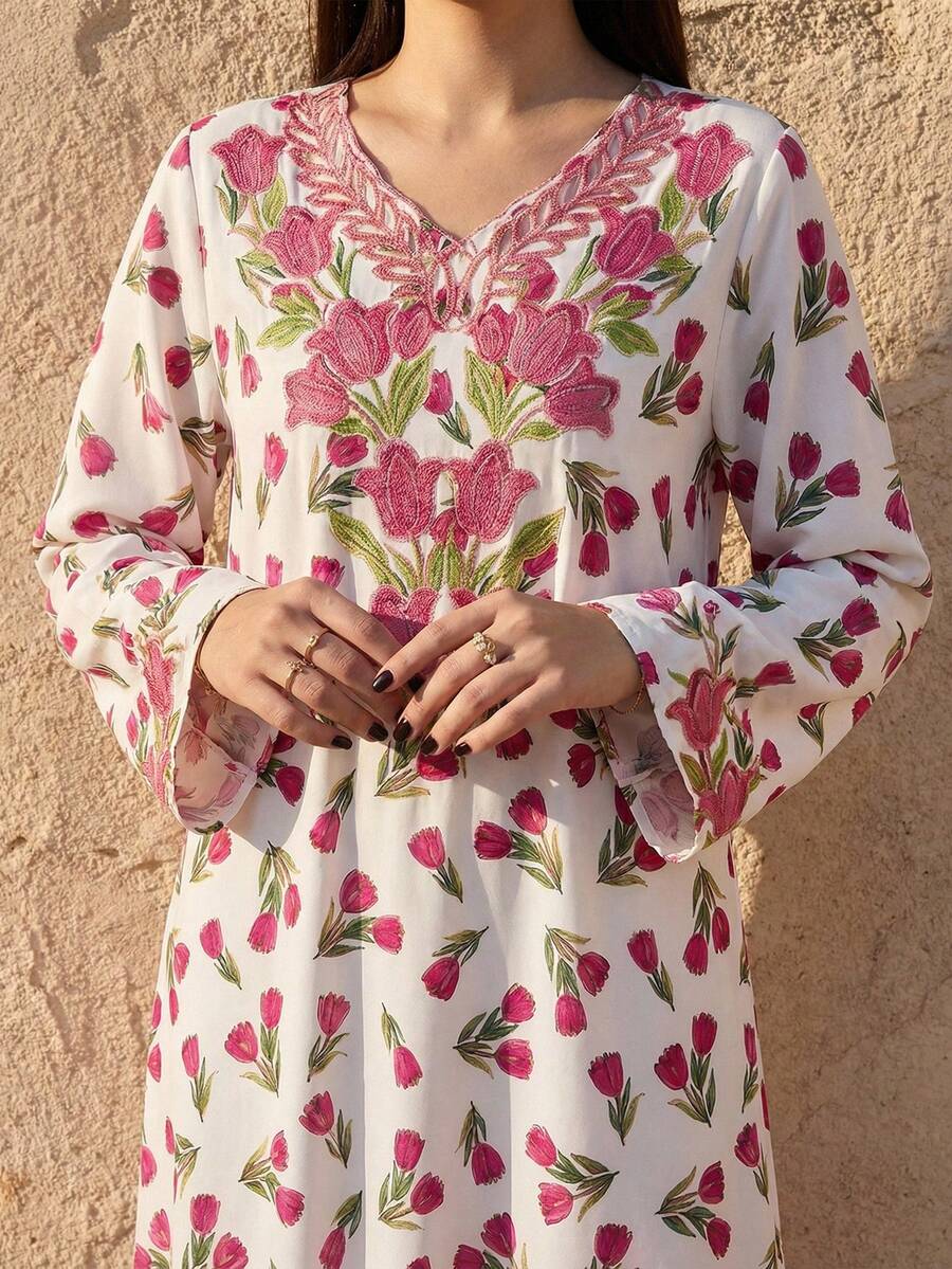 Al Najma Damklänning med V-ringning och blommönster, avslappnad, blygsam fest- och utflyktsklänning i arabisk stil - Multifärgad - Visa 1