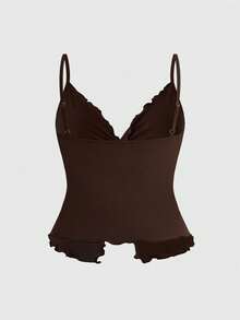 ROMWE Hippie Plus Size Women's Solid Color Twist Pleated Camisole Top And Ruffle Hem Skirt 2 Piece Set, Fashionable For Dates And Parties - Brown - View 6