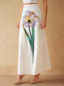 Silquee 女士花卉印花优雅中长裙 - 白色 - 查看 4