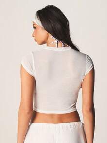 MISSGUIDED Semi Sheer Cap Sleeve Baby Tee Cropped Top Basic Essential Casual Summer Spring Style - White - View 2