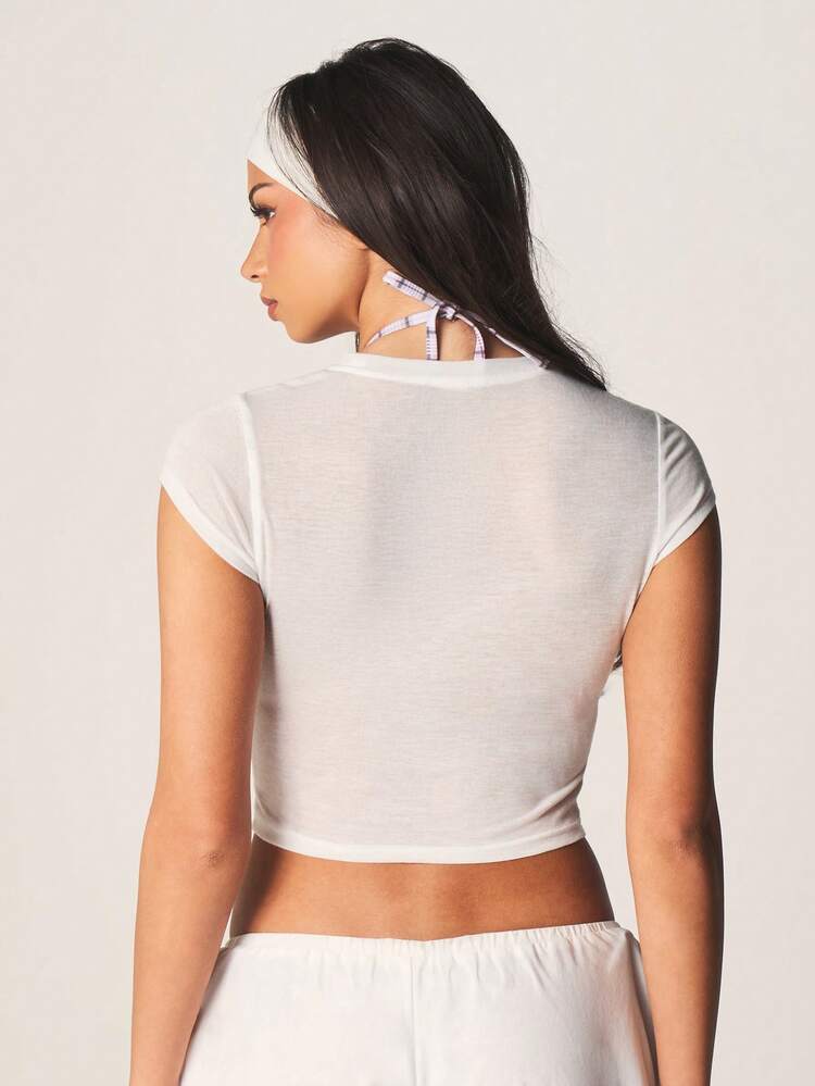 MISSGUIDED Semi Sheer Cap Sleeve Baby Tee Cropped Top Basic Essential Casual Summer Spring Style