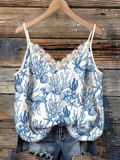 EMERY ROSE Plus Size Elegant Camisole, Coral & Starfish Print Lace Patchwork Design, V-Neck