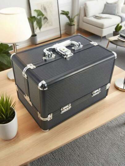 1个多功能便携式化妆盒，双隔层设计，空间宽敞，专业化妆箱，专为化妆品和美甲工具设计，是旅行、居家和特殊场合的理想便捷化妆品收纳盒，也是送给美容爱好者和化妆师的完美礼物，时尚实用，是您所有美容必需品的理想收纳方案。