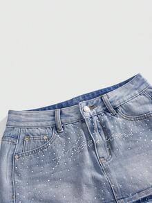 ROMWE Y2K音乐节休闲街头水钻水洗浅蓝色百搭女式牛仔迷你裙 - 淺藍色 - 查看 3