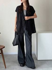 FRIFUL Women's Solid Color Drawstring Commuter Blazer - Black - View 2