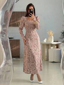 Modelyn 女士春夏梭织花卉印花长袖收腰A字优雅浪漫连衣裙 - 粉色 - 查看 1