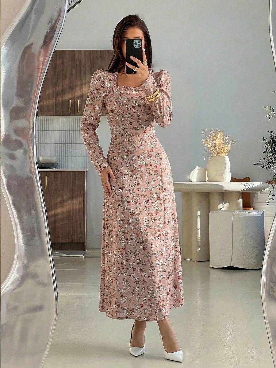 Modelyn 女士春夏梭织花卉印花长袖收腰A字优雅浪漫连衣裙 - 粉色 - 查看 1