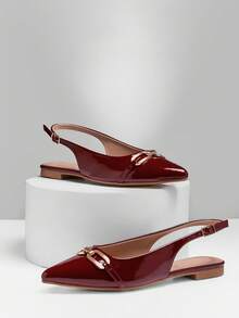 SHUZIA #优雅时尚 女士尖头设计师款金属搭扣亮面酒红色漆皮露跟平底鞋 – 柔软舒适的鞋垫，精致光泽，易于搭配 - 酒紅色 - 查看 5