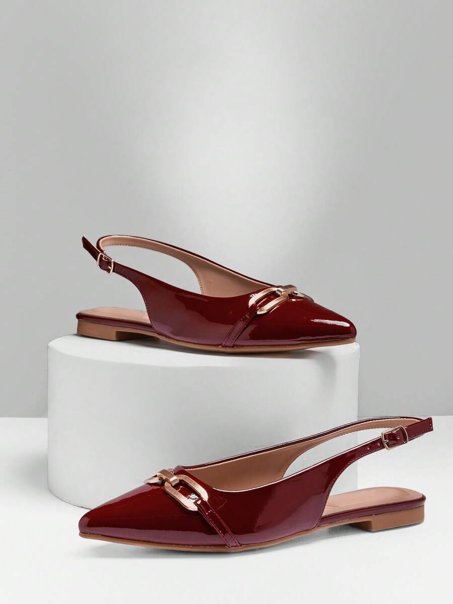 SHUZIA #ElegantChic Women's Pointed Toe Designer-Inspired Metal-Buckle Glossy Patent Wine Slingback Flats – Soft Cushion Insole, Refined Shine & Easy To Style - Burgundy - View 1