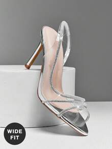 SHUZIA 女士透明银色水钻细高跟凉鞋 – 优雅宽楦婚礼及派对凉鞋 - 銀色 - 查看 1