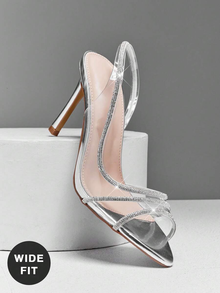 SHUZIA 女士透明银色水钻细高跟凉鞋 – 优雅宽楦婚礼及派对凉鞋 - 銀色 - 查看 1