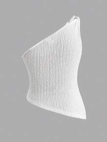 SHEIN Tween Girls Casual Burgundy Red Twist One Shoulder Top, Elegant Slim Fit T-Shirt For Dailywear - White - View 3