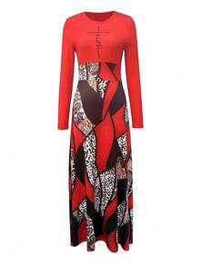 Women's Elegant Geometric Patchwork Leopard Print Dress Fall Cloth For Women - Multicolor - View 1