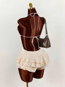 Amplova Women's Halter Tie Backless Lace Ruffle Hem Sexy Jumpsuit Romper For Dates & Parties Spring Clothes Women Boho - Apricot - View 7