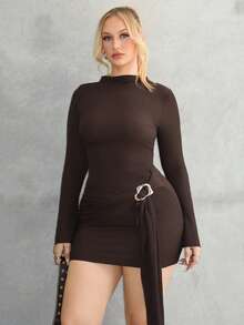 Arliah Waist-Cinched Minimalist Flare Sleeve Bodycon Cinched Waist Dress - Coffee - View 3