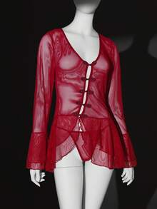 SHEIN Set de 2 vestidos con cuello en V sexy, volantes, manga larga, abertura y botones frontales para mujeres - Burdeos - Ver 6