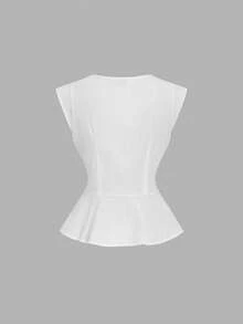 SHEIN MOD Camisa Casual Feminina de Manga Curta com Decote em V e Botões, Primavera/Verão, Fantasia de Carnaval Feminina, Blusas Elegantes para Mulheres, Férias, Estilo Vintage de Corte, Vibes de Dinheiro Antigo, Adequada para Trabalho, Volta às Aulas, Encontros, Festas, Festivais, Férias na Praia, Formatura - Branco - Visão 3