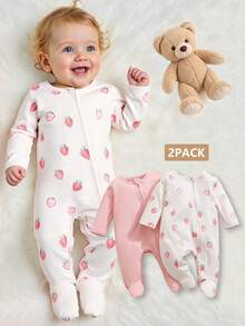 SHEIN Bộ 2 món/Bộ đồ liền thân dài tay in họa tiết dâu tây ấm áp cho trẻ sơ sinh/trẻ nhỏ, quần áo mềm mại và thoải mái, tuyệt vời để làm quà tặng, vật dụng thiết yếu cho mọi em bé, phù hợp với mọi mùa và mặc ngoài trời Thu Đông - Nhiều màu - Xem 1