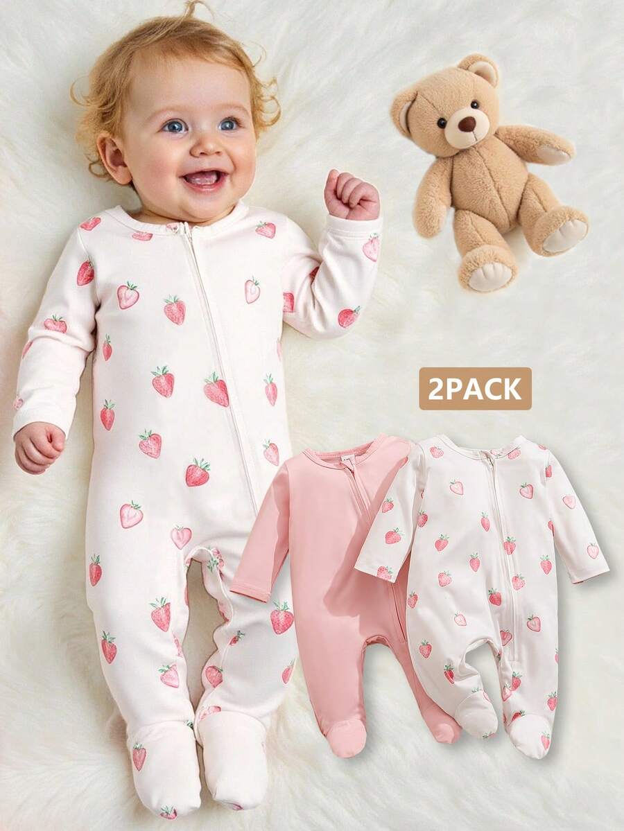 SHEIN Bộ 2 món/Bộ đồ liền thân dài tay in họa tiết dâu tây ấm áp cho trẻ sơ sinh/trẻ nhỏ, quần áo mềm mại và thoải mái, tuyệt vời để làm quà tặng, vật dụng thiết yếu cho mọi em bé, phù hợp với mọi mùa và mặc ngoài trời Thu Đông - Nhiều màu - Xem 1