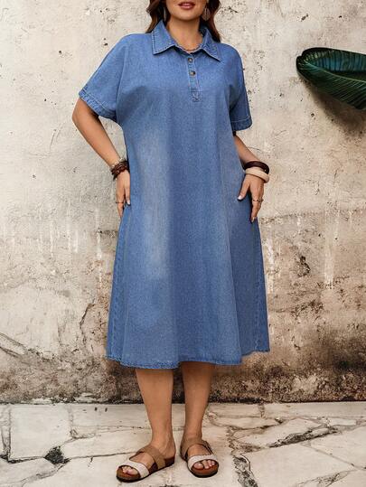 EMERY ROSE Đầm denim dáng rộng tay cánh dơi cổ polo cho nữ cỡ lớn, thích hợp mặc đi nghỉ mát mùa hè.