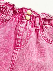 Cozy Pixies Baby Girl Summer Boho Cute Ruffle Waist Baggy Soft Denim Jeans Pants With Rolled Up Hem - Pink - View 4