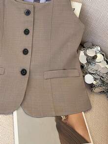 Airaco 时尚简约通勤吊带背心和斜插口袋裤装 - 卡其色 - 查看 4