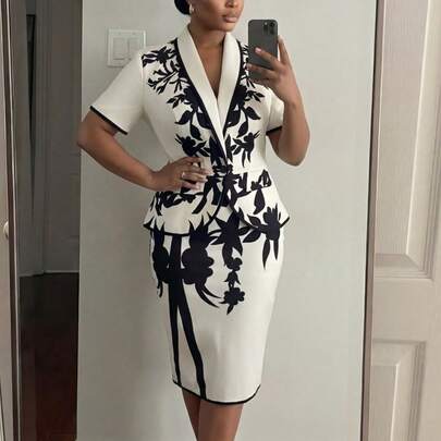 Plus Size Women Floral Print Blazer Jacket And Midi Skirt Elegant Suit Set White And Black Dress Midi Formal Dress White Classy Dress Luxury Dress For