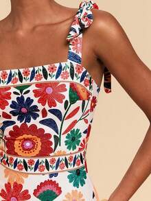 Travachic KIDS Tween Girls' Summer Vacation Beach Floral Print Tie Shoulder One-Piece Swimsuit - Multicolor - View 3