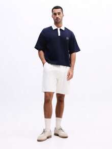 SUMWON 男士短袖 Polo 衫，撞色白色领子和门襟，纽扣前襟休闲上衣 - 藏蓝色 - 查看 3