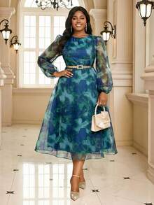 Fleurora 大码女士优雅印花长袖连衣裙 - 綠色 - 查看 4