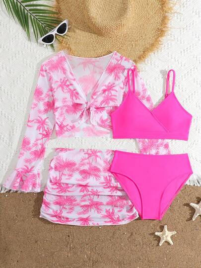 SHEIN Tween Girls' Swimsuit Set, 4-Piece Fashionable Printed Separate Swimwear With Ruffled Trim, Suitable For Swimming, Vacation, Beach, Pool, Summer Holiday Party