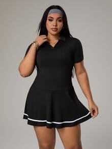 Rhythm Era Đầm thể thao tay ngắn phối màu tương phản dành cho nữ cỡ lớn - màu đen - Xem 3