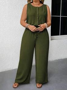 SHEIN Tall CURVE Bộ áo liền quần không tay cỡ lớn dành cho nữ, cổ áo thêu, thiết kế thắt eo, ống quần rộng. - xanh quân đội - Xem 4